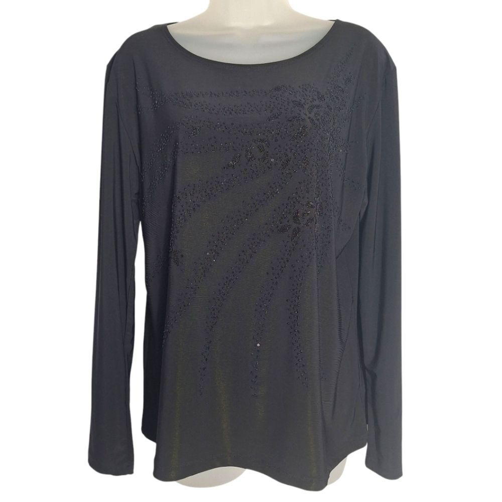 Beeker & McDougal Black Beaded Top Long Sleeve Slinky XL Womens